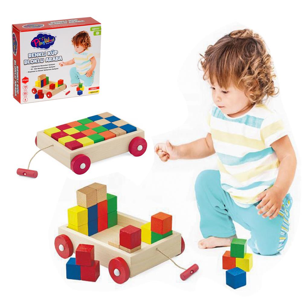Renkli Küp Bloklu Kutulu Ahşap Çekçek Araba
