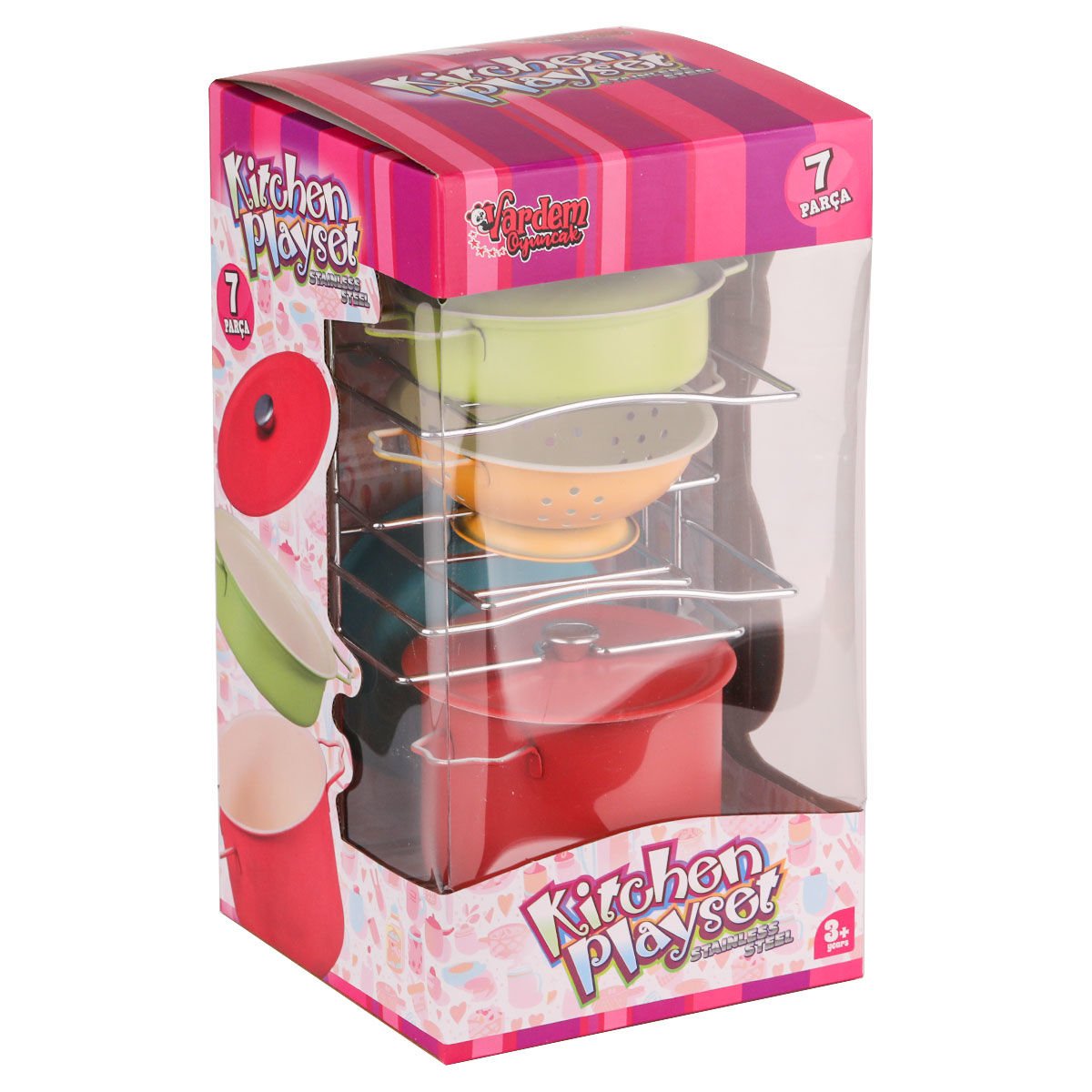 ATF-683G-5 Renkli Raflı Emaye Tencere Tava Seti 7 Parça -Vardem Oyuncak