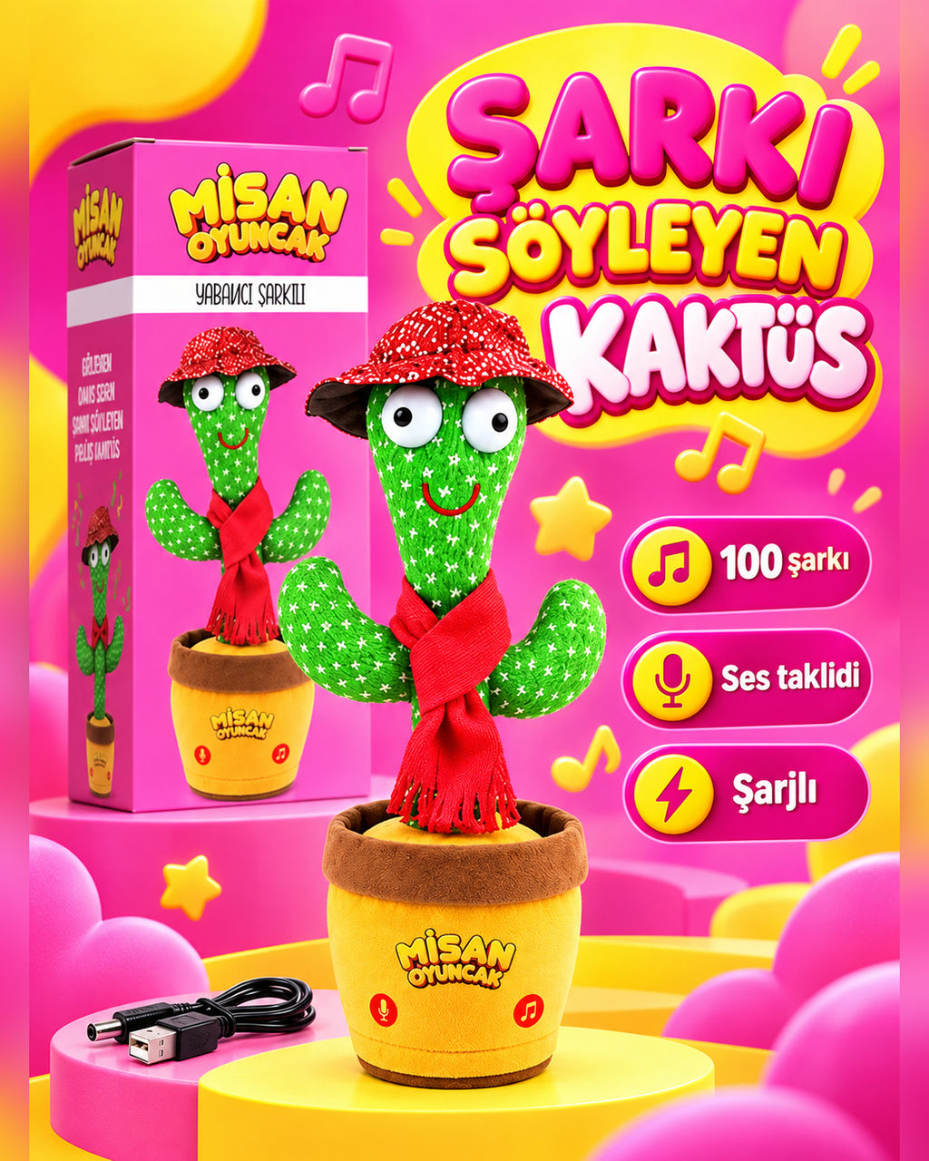 100 Yabancı Şarkılı Dans Eden Peluş Kaktüs | Ses Taklitli, Şarjlı