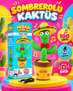 100 Yabancı Şarkılı Dans Eden Peluş Kaktüs | Ses Taklitli, Şarjlı-Noel Şapkalı & Kırmızı Atkılı