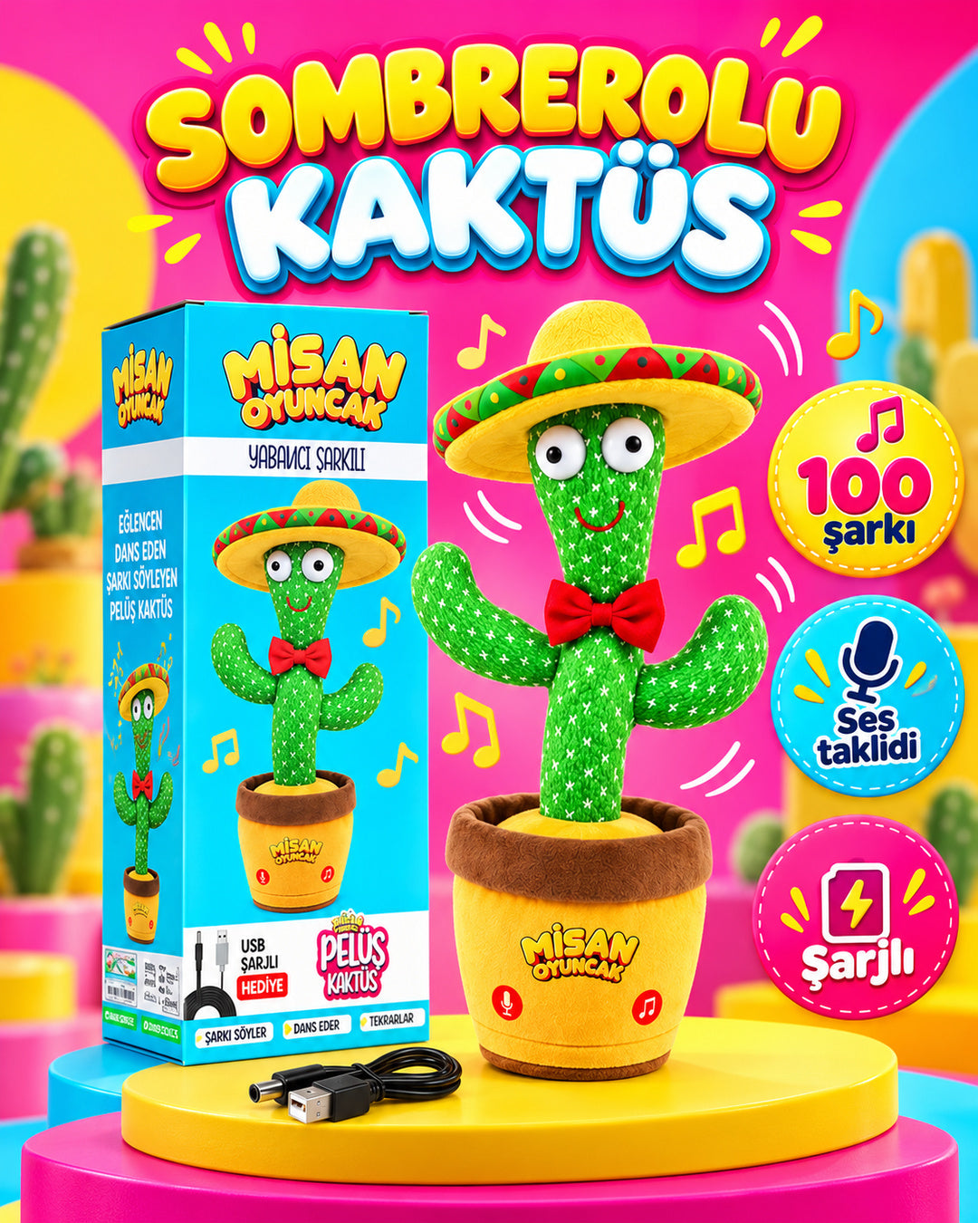 100 Yabancı Şarkılı Dans Eden Peluş Kaktüs | Ses Taklitli, Şarjlı