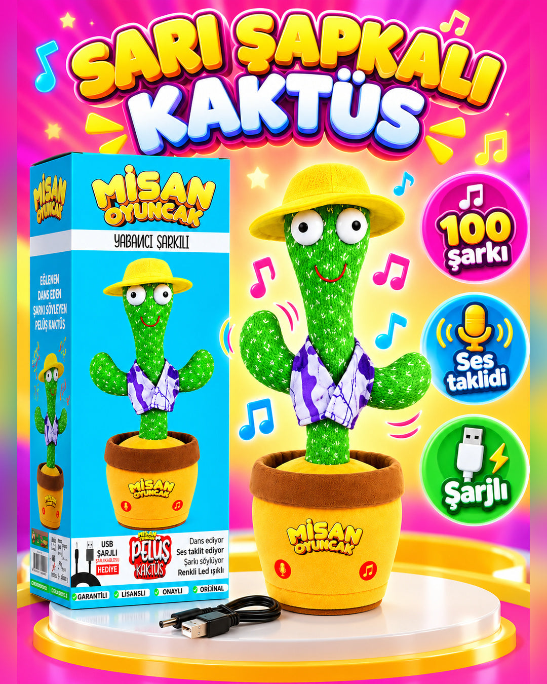 100 Yabancı Şarkılı Dans Eden Peluş Kaktüs | Ses Taklitli, Şarjlı-Sarı Şapkalı & Mor-Beyaz Yelekli