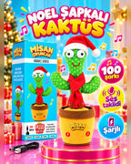 100 Yabancı Şarkılı Dans Eden Peluş Kaktüs | Ses Taklitli, Şarjlı-Noel Şapkalı & Kırmızı Atkılı