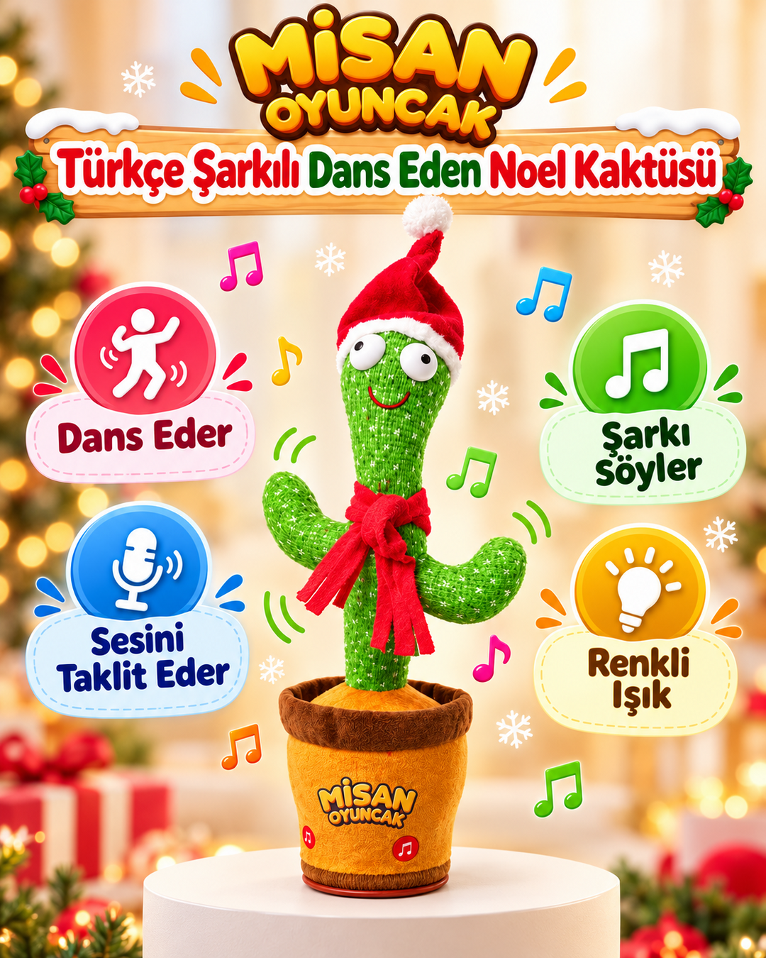 100 Şarkılı Dans Eden Kaktüs Noel Şapkalı ve Kırmızı Atkılı  – Model ve Dil Seçenekli