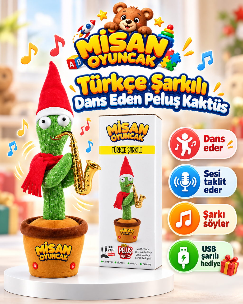 100 Şarkılı Dans Eden Kaktüs Noel Şapkalı Kırmızı Atkılı ve Saksafonlu  – Model ve Dil Seçenekli