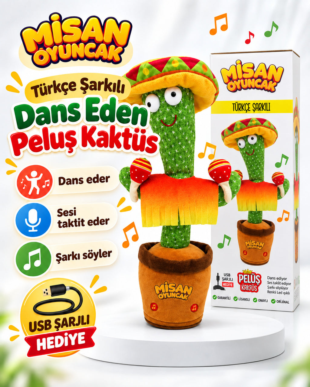 100 Şarkılı Dans Eden Kaktüs Sombrero Şapkalı ve Marakaslı  – Model ve Dil Seçenekli