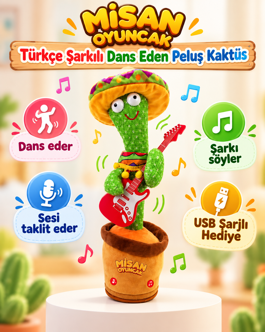 100 Şarkılı Dans Eden Kaktüs Sombrero Şapkalı Meksika Pançolu ve Gitarlı  – Model ve Dil Seçenekli (Kopya)