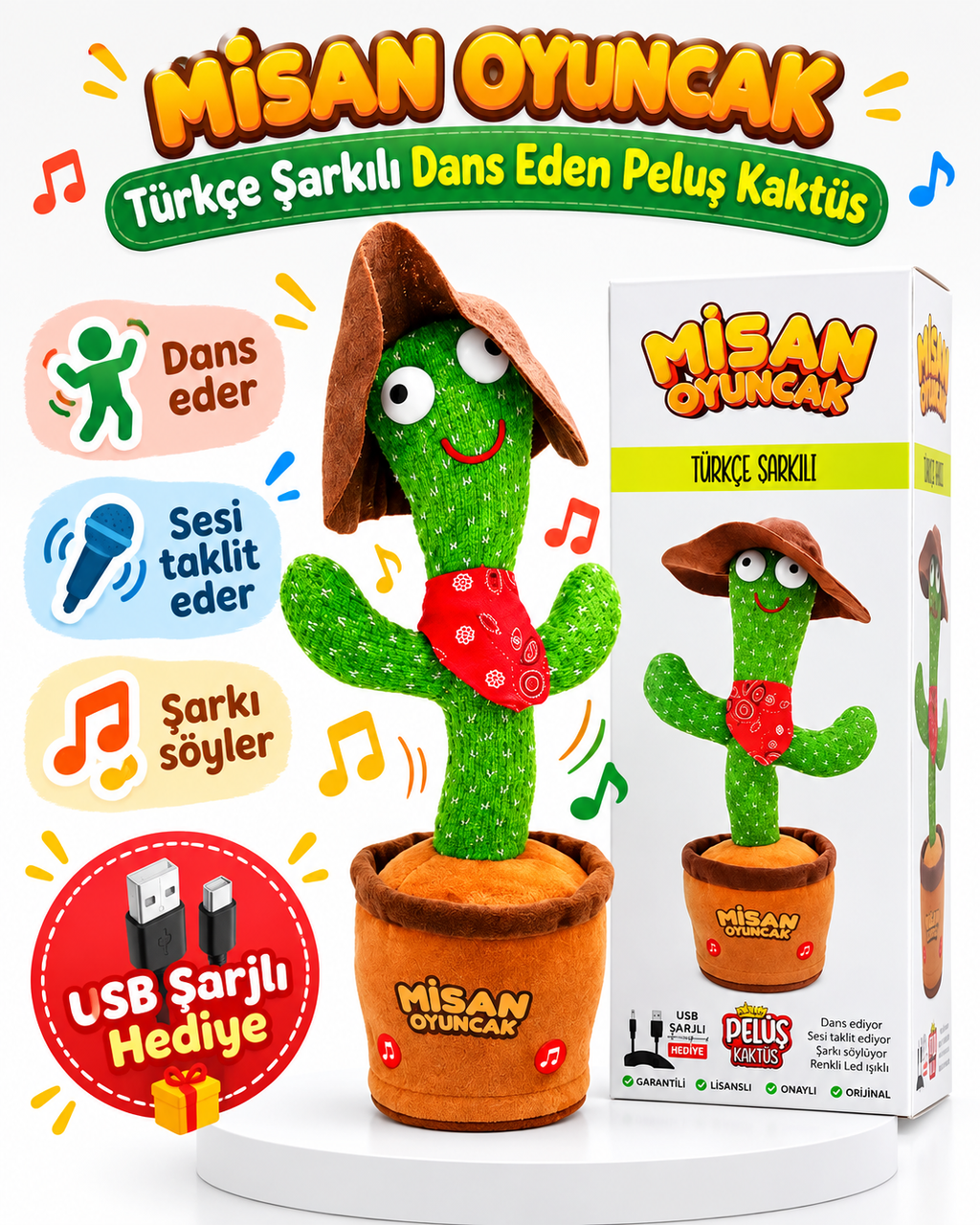 100 Şarkılı Dans Eden Kaktüs Noel Şapkalı Kırmızı Atkılı ve Saksafonlu  – Model ve Dil Seçenekli