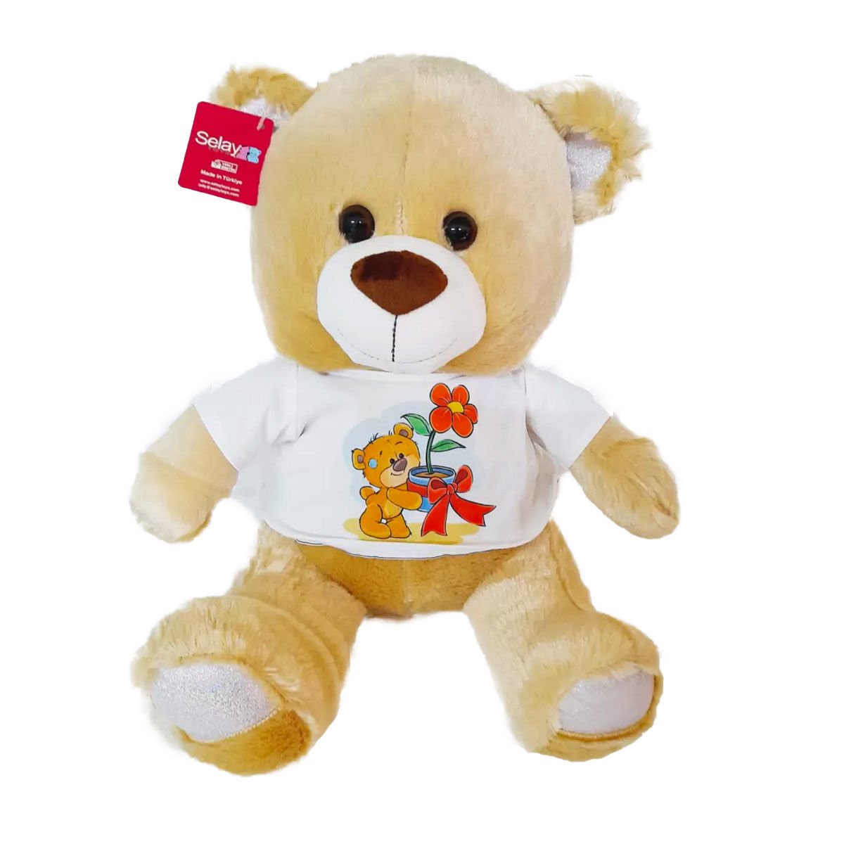 1696 Baskılı Tshirtlü Ayı 37 cm Kahverengi -Selay Oyuncak