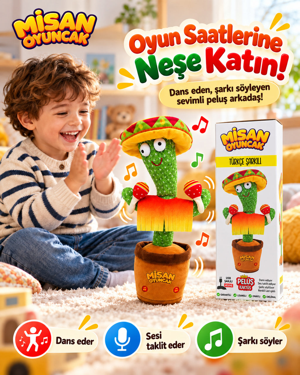 100 Şarkılı Dans Eden Kaktüs Sombrero Şapkalı ve Marakaslı  – Model ve Dil Seçenekli