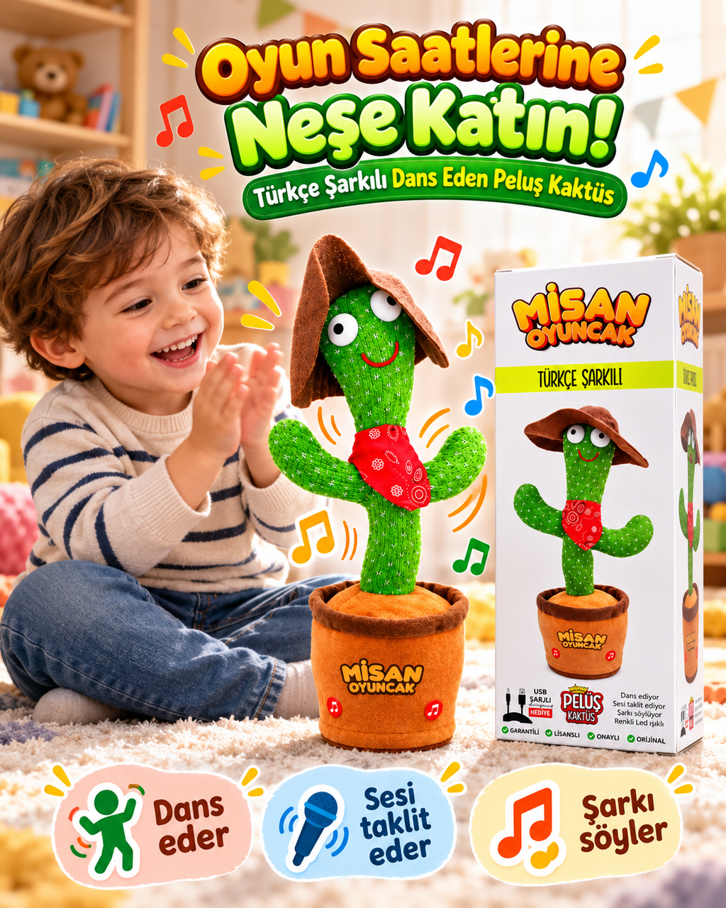 100 Şarkılı Dans Eden Kaktüs Kovboy Şapkalı Kırmızı Fularlı  – Model ve Dil Seçenekli