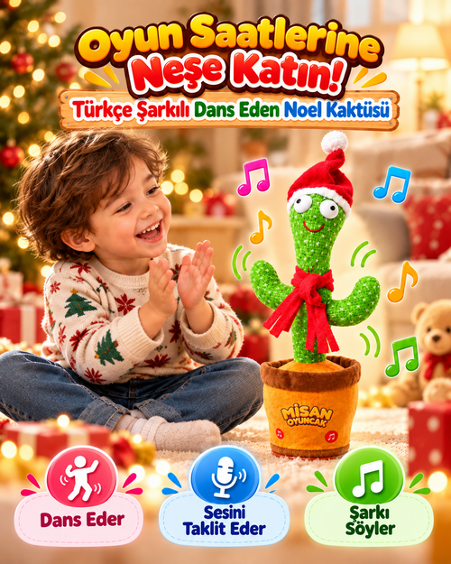 100 Şarkılı Dans Eden Kaktüs Noel Şapkalı ve Kırmızı Atkılı  – Model ve Dil Seçenekli
