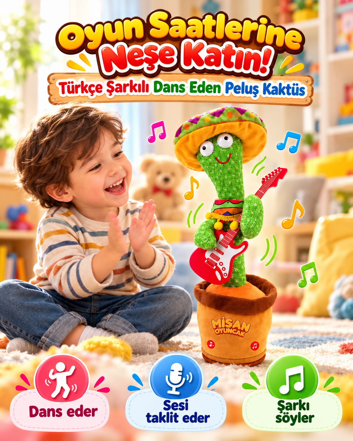 100 Şarkılı Dans Eden Kaktüs Sombrero Şapkalı Meksika Pançolu ve Gitarlı  – Model ve Dil Seçenekli (Kopya)