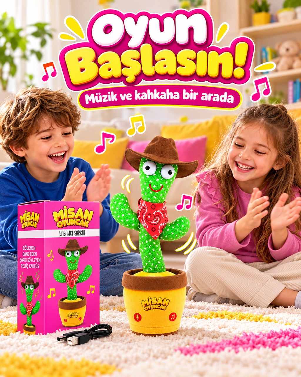100 Yabancı Şarkılı Dans Eden Peluş Kaktüs | Ses Taklitli, Şarjlı-Kahverengi Kovboy Şapkalı & Kırmızı Bandanalı
