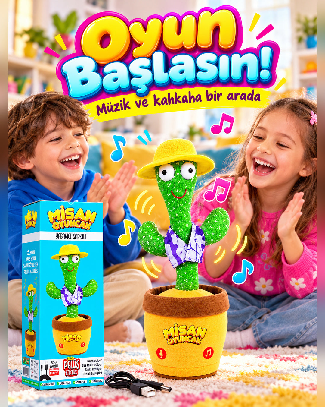 100 Yabancı Şarkılı Dans Eden Peluş Kaktüs | Ses Taklitli, Şarjlı-Sarı Şapkalı & Mor-Beyaz Yelekli