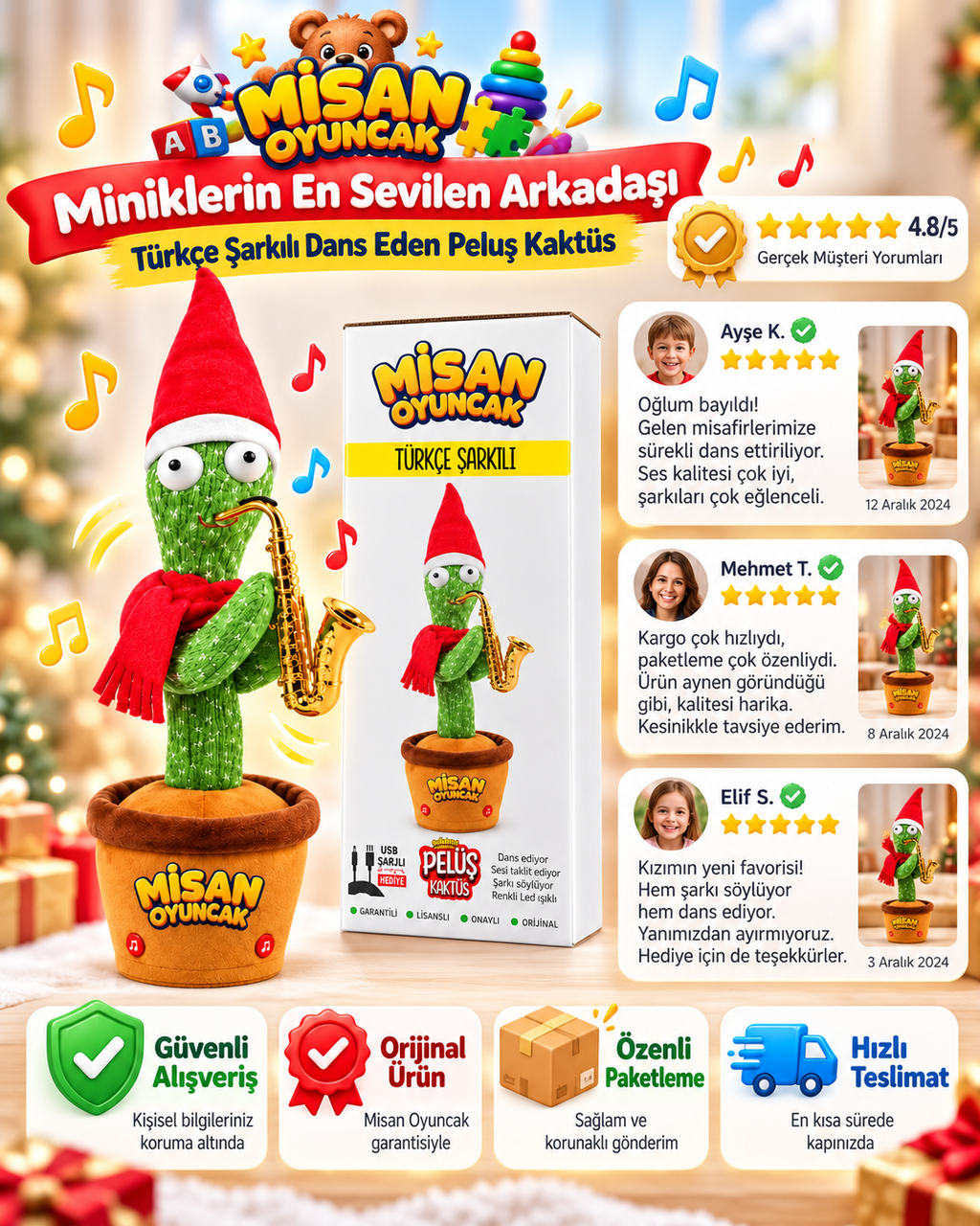 100 Şarkılı Dans Eden Kaktüs Noel Şapkalı Kırmızı Atkılı ve Saksafonlu  – Model ve Dil Seçenekli
