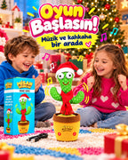 100 Yabancı Şarkılı Dans Eden Peluş Kaktüs | Ses Taklitli, Şarjlı-Noel Şapkalı & Kırmızı Atkılı