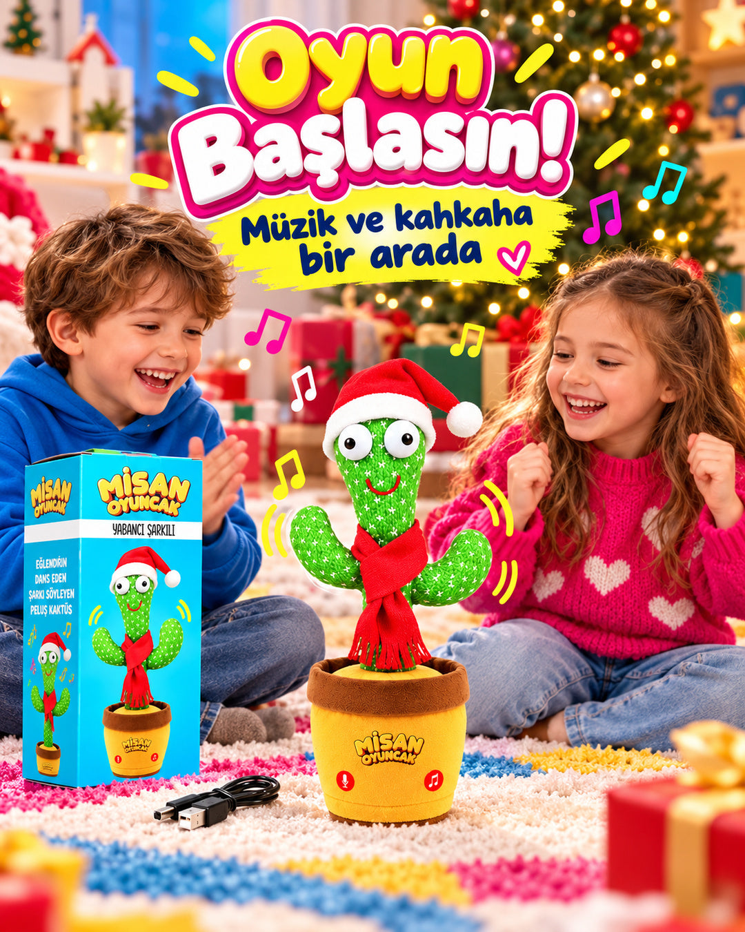 100 Yabancı Şarkılı Dans Eden Peluş Kaktüs | Ses Taklitli, Şarjlı-Noel Şapkalı & Kırmızı Atkılı