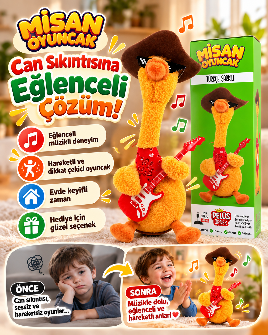 100 Şarkılı Dans Eden Kaktüs Gitarlı Sarı Ördek  – Model ve Dil Seçenekli