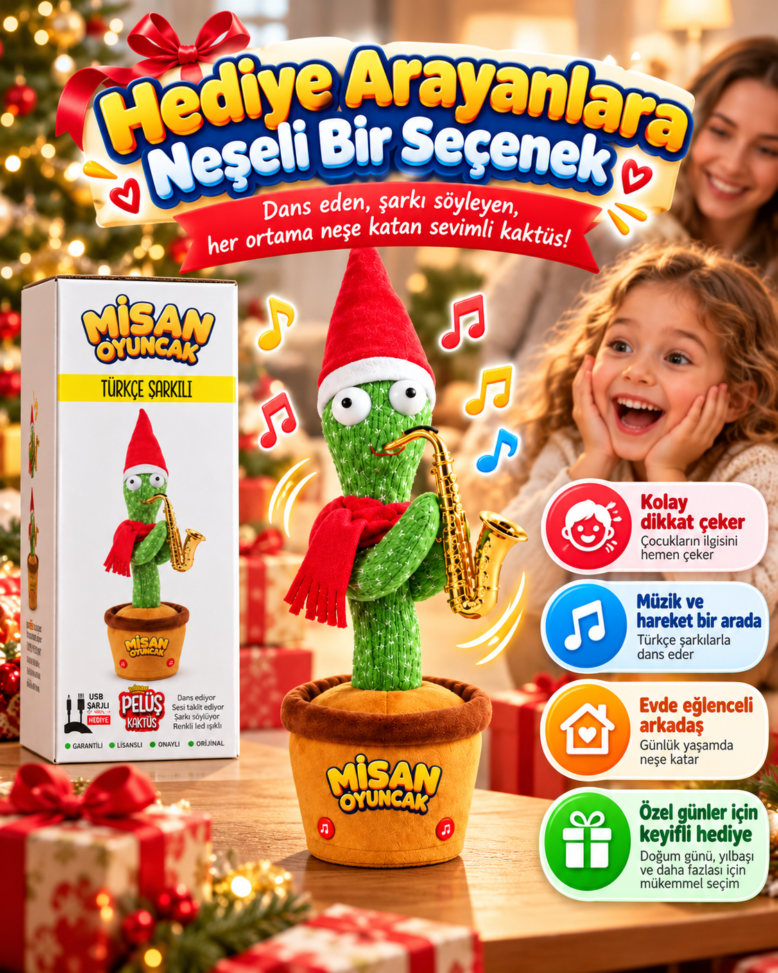 100 Şarkılı Dans Eden Kaktüs Noel Şapkalı Kırmızı Atkılı ve Saksafonlu  – Model ve Dil Seçenekli