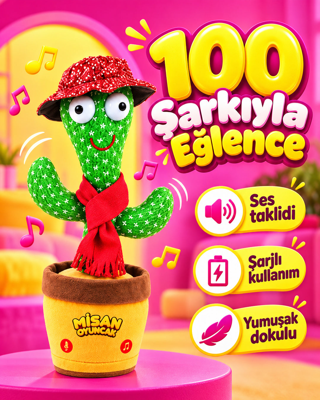 100 Yabancı Şarkılı Dans Eden Peluş Kaktüs | Ses Taklitli, Şarjlı-Kırmızı Şapkalı ve Kırmızı Atkılı