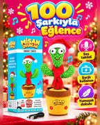 100 Yabancı Şarkılı Dans Eden Peluş Kaktüs | Ses Taklitli, Şarjlı-Noel Şapkalı & Kırmızı Atkılı