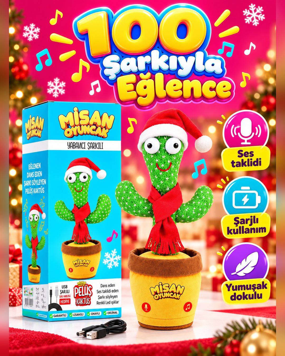 100 Yabancı Şarkılı Dans Eden Peluş Kaktüs | Ses Taklitli, Şarjlı-Noel Şapkalı & Kırmızı Atkılı