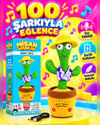 100 Yabancı Şarkılı Dans Eden Peluş Kaktüs | Ses Taklitli, Şarjlı-Sarı Şapkalı & Mor-Beyaz Yelekli