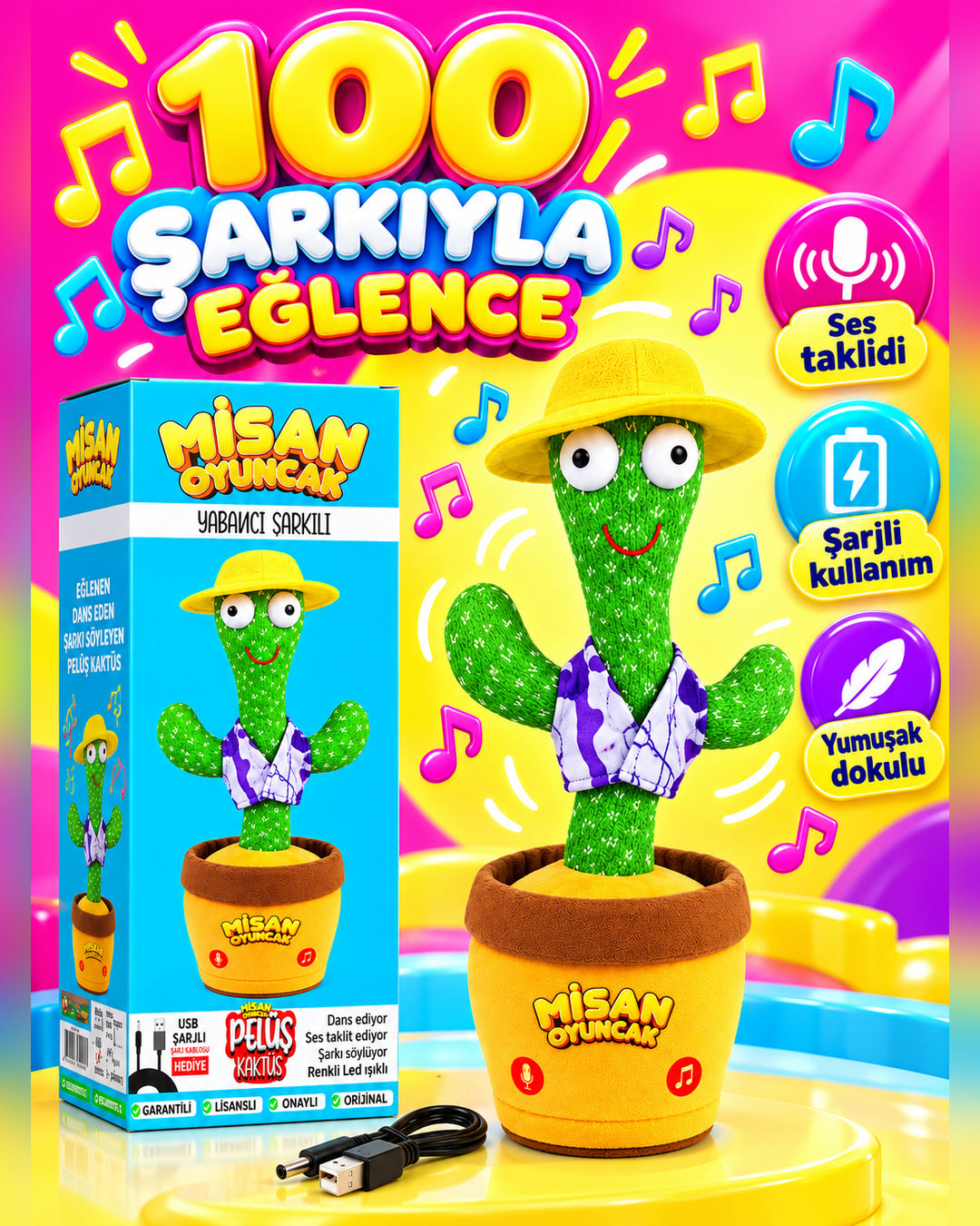 100 Yabancı Şarkılı Dans Eden Peluş Kaktüs | Ses Taklitli, Şarjlı-Sarı Şapkalı & Mor-Beyaz Yelekli