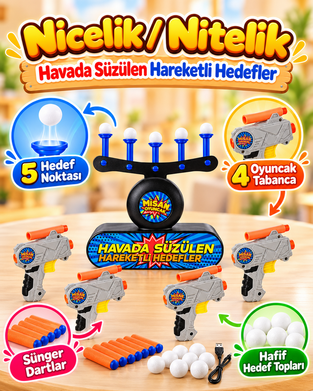Misan Havada Süzülen Hedef Vurma Oyunu – 4  Tabancalı Sünger Dart Seti