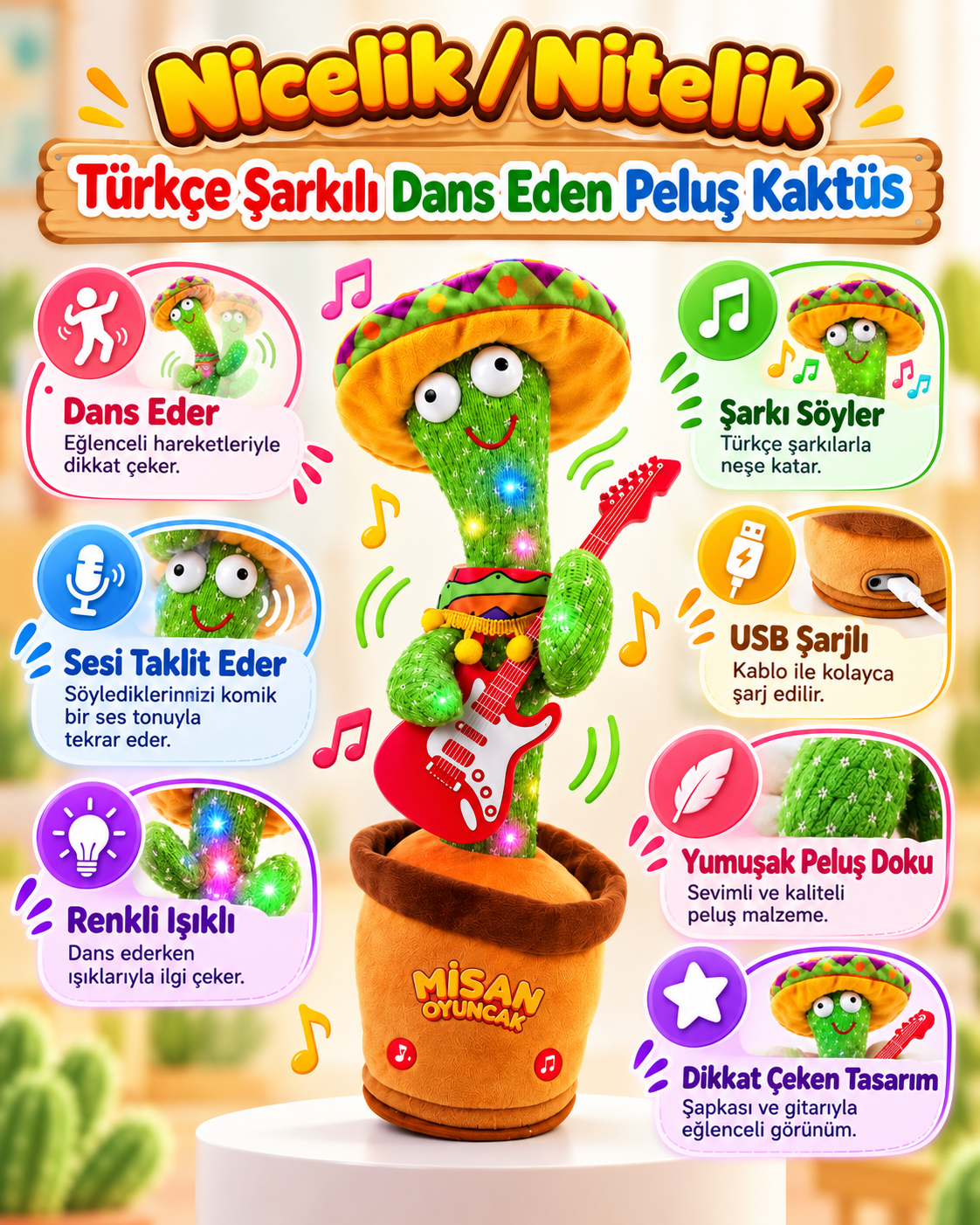 100 Şarkılı Dans Eden Kaktüs Sombrero Şapkalı Meksika Pançolu ve Gitarlı  – Model ve Dil Seçenekli (Kopya)