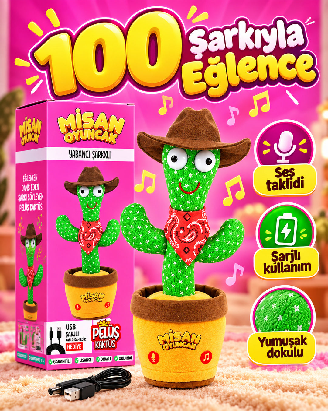 100 Yabancı Şarkılı Dans Eden Peluş Kaktüs | Ses Taklitli, Şarjlı-Kahverengi Kovboy Şapkalı & Kırmızı Bandanalı