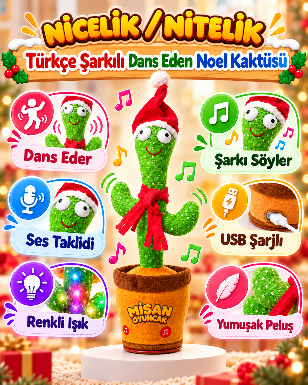100 Şarkılı Dans Eden Kaktüs Noel Şapkalı ve Kırmızı Atkılı  – Model ve Dil Seçenekli