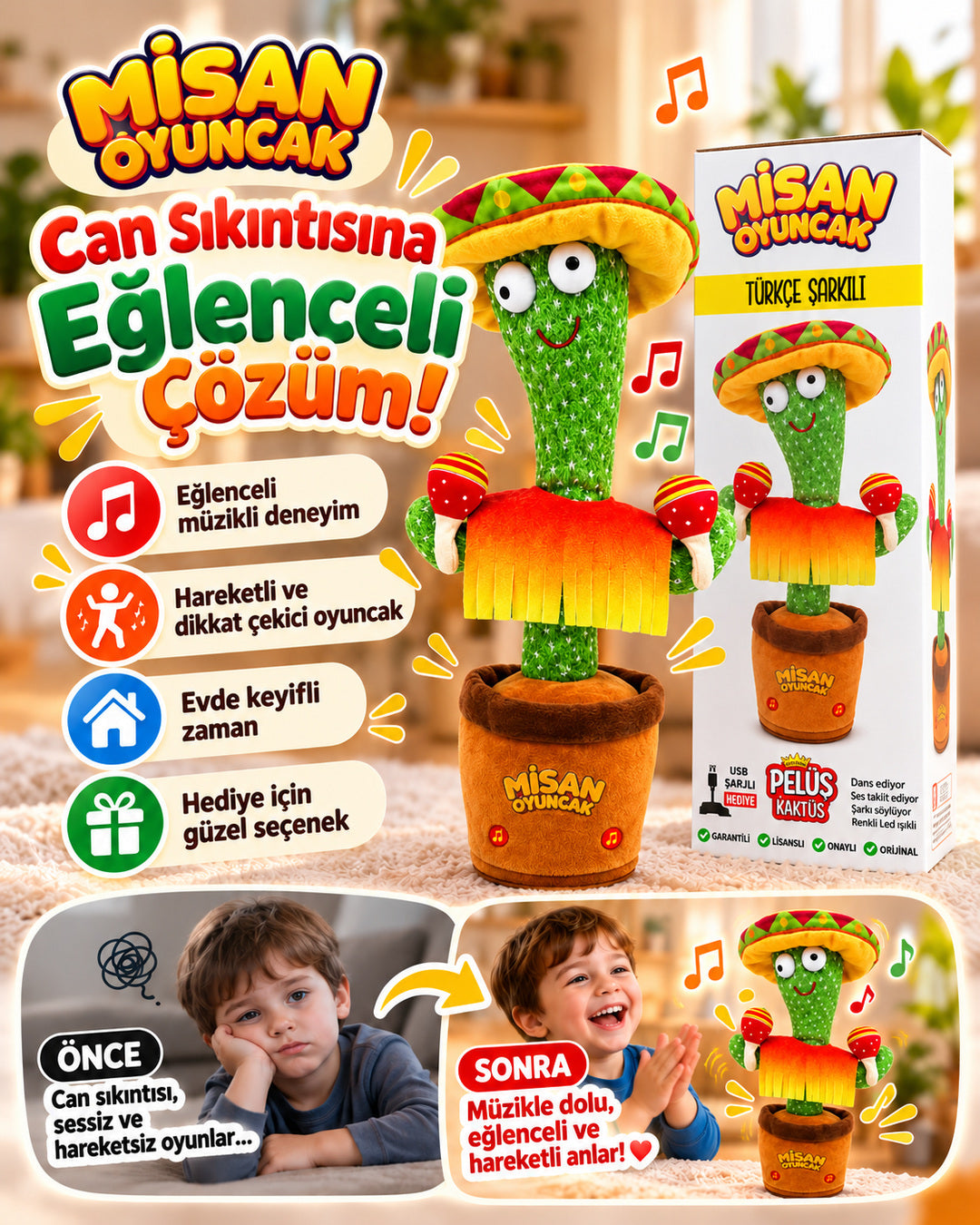 100 Şarkılı Dans Eden Kaktüs Sombrero Şapkalı ve Marakaslı  – Model ve Dil Seçenekli