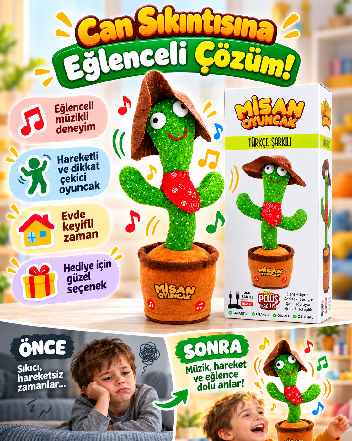 100 Şarkılı Dans Eden Kaktüs Kovboy Şapkalı Kırmızı Fularlı  – Model ve Dil Seçenekli