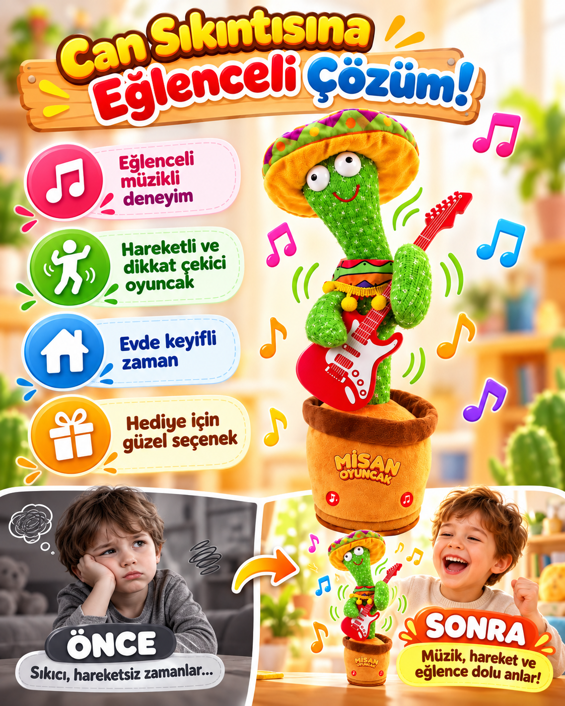 100 Şarkılı Dans Eden Kaktüs Sombrero Şapkalı Meksika Pançolu ve Gitarlı  – Model ve Dil Seçenekli (Kopya)