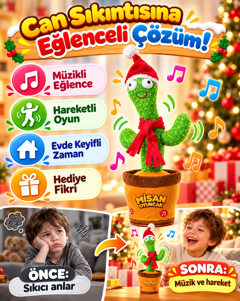 100 Şarkılı Dans Eden Kaktüs Noel Şapkalı ve Kırmızı Atkılı  – Model ve Dil Seçenekli