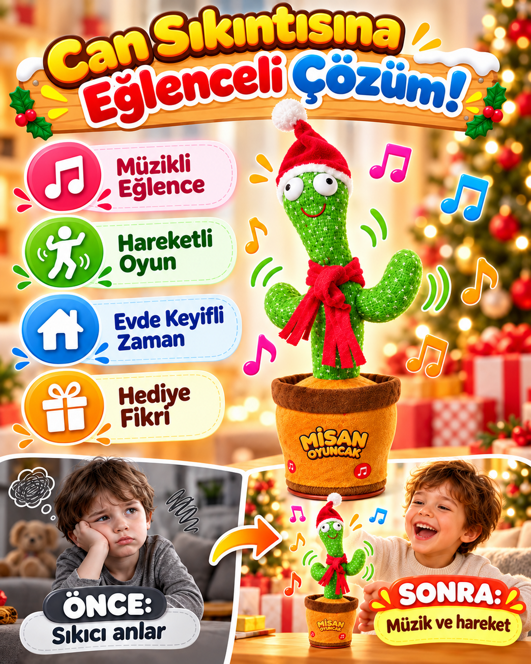 100 Şarkılı Dans Eden Kaktüs Noel Şapkalı ve Kırmızı Atkılı  – Model ve Dil Seçenekli
