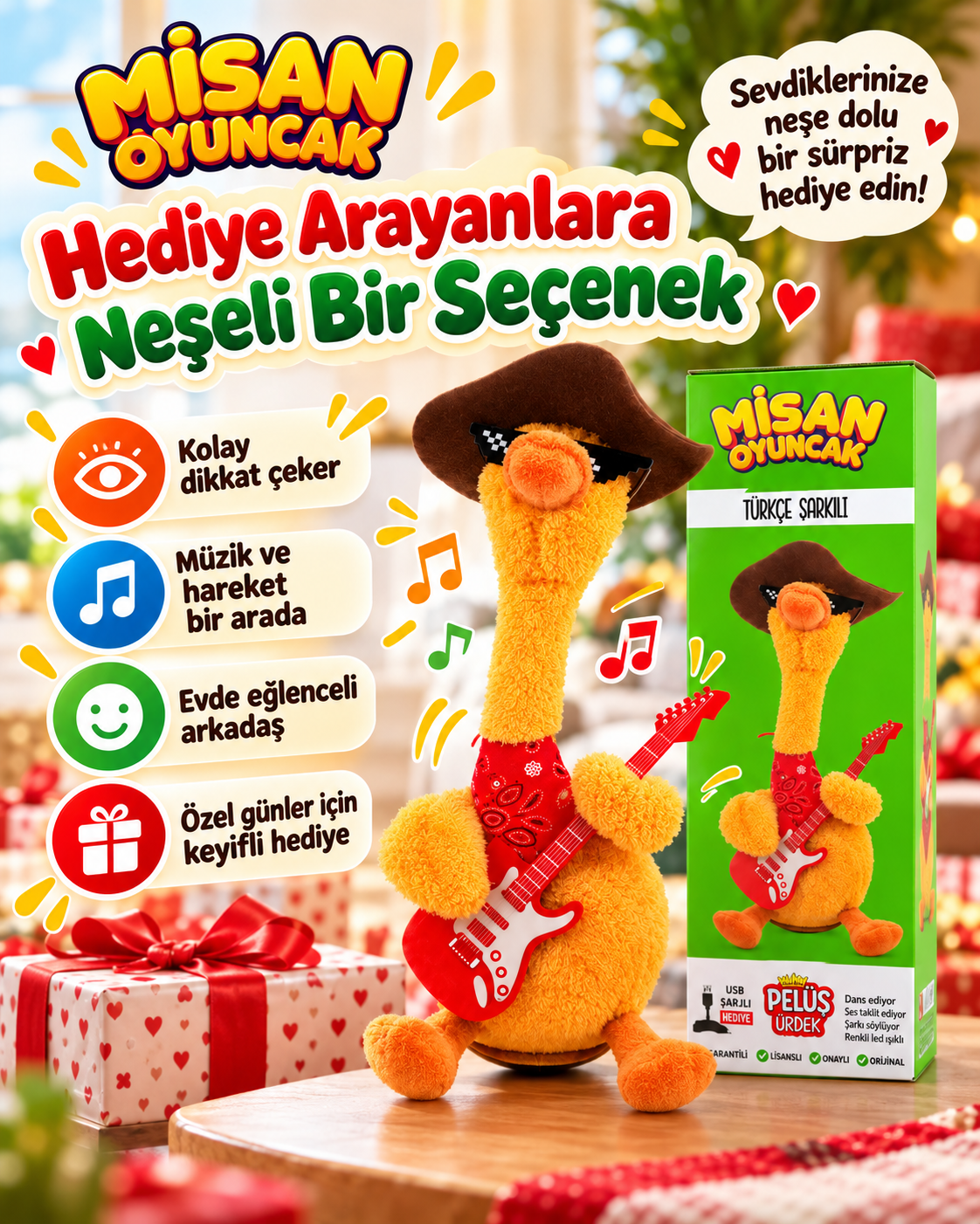 100 Şarkılı Dans Eden Kaktüs Gitarlı Sarı Ördek  – Model ve Dil Seçenekli