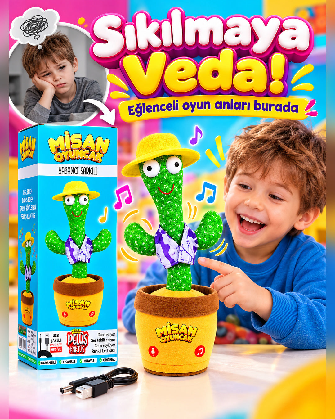 100 Yabancı Şarkılı Dans Eden Peluş Kaktüs | Ses Taklitli, Şarjlı-Sarı Şapkalı & Mor-Beyaz Yelekli