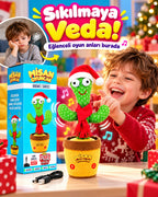 100 Yabancı Şarkılı Dans Eden Peluş Kaktüs | Ses Taklitli, Şarjlı-Noel Şapkalı & Kırmızı Atkılı