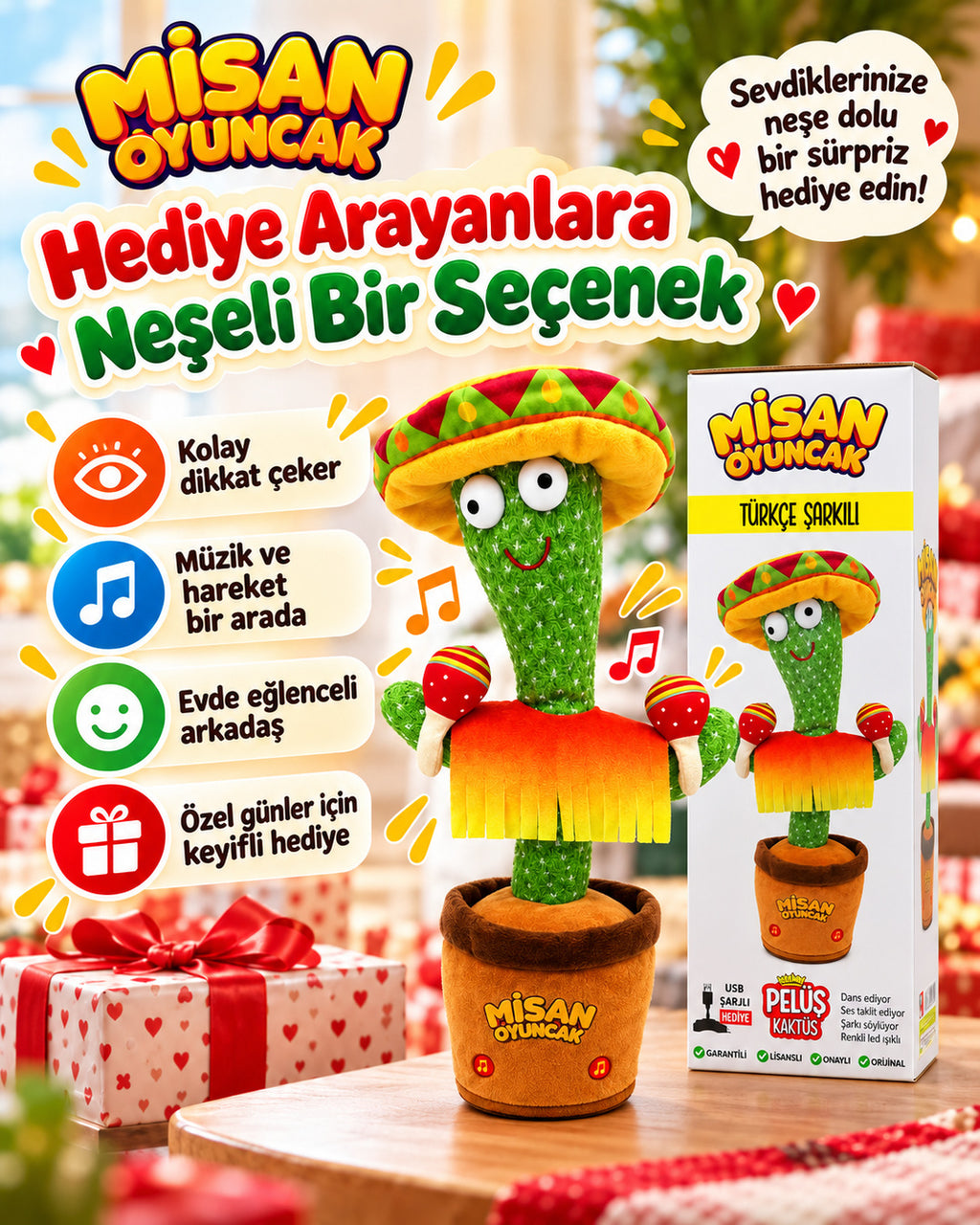 100 Şarkılı Dans Eden Kaktüs Sombrero Şapkalı ve Marakaslı  – Model ve Dil Seçenekli