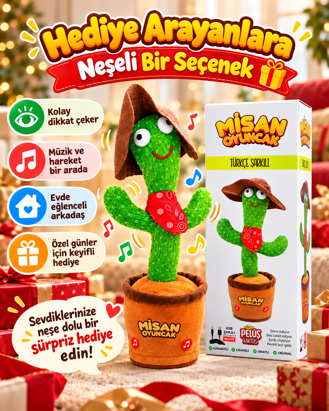 100 Şarkılı Dans Eden Kaktüs Kovboy Şapkalı Kırmızı Fularlı  – Model ve Dil Seçenekli