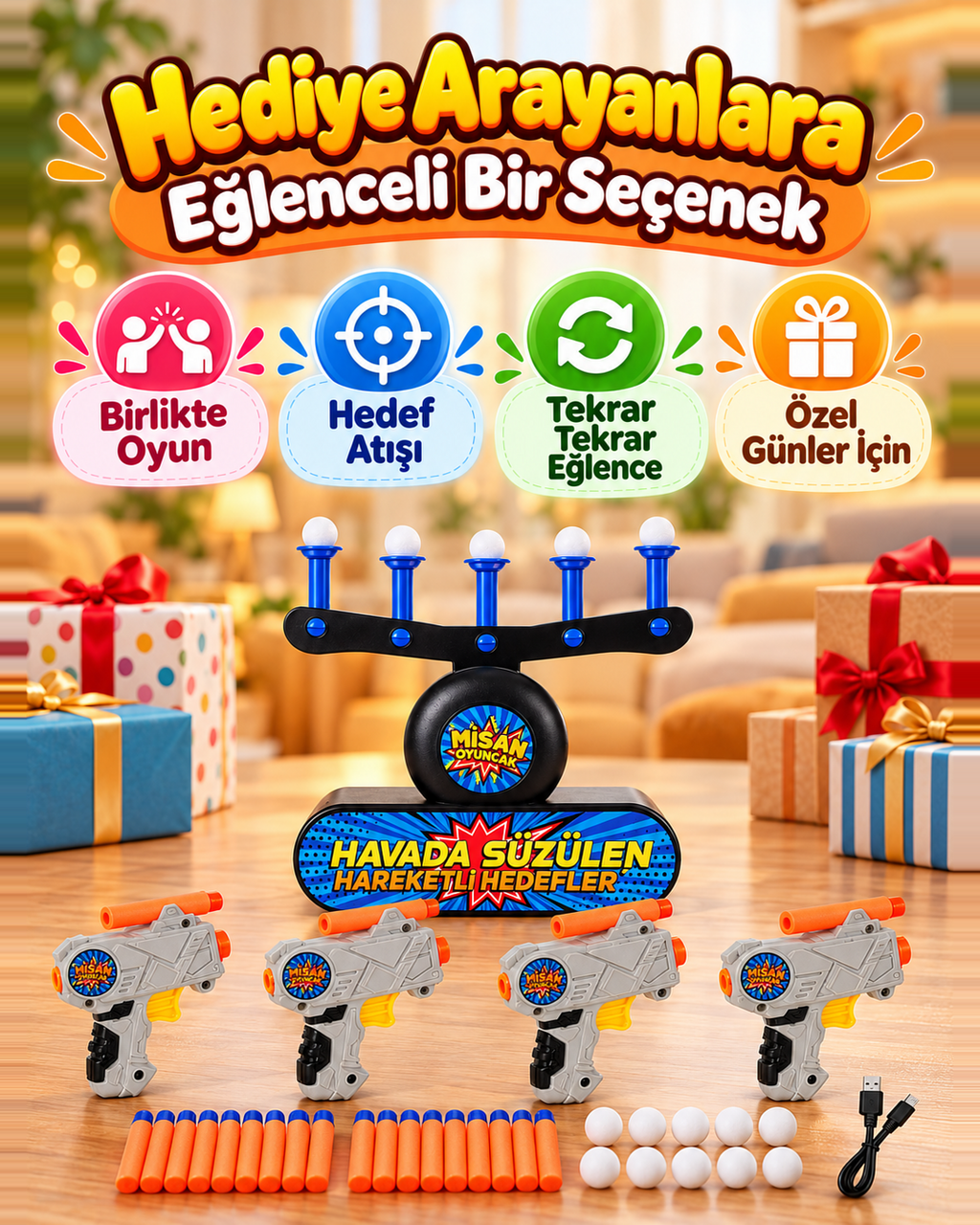 Misan Havada Süzülen Hedef Vurma Oyunu – 4  Tabancalı Sünger Dart Seti