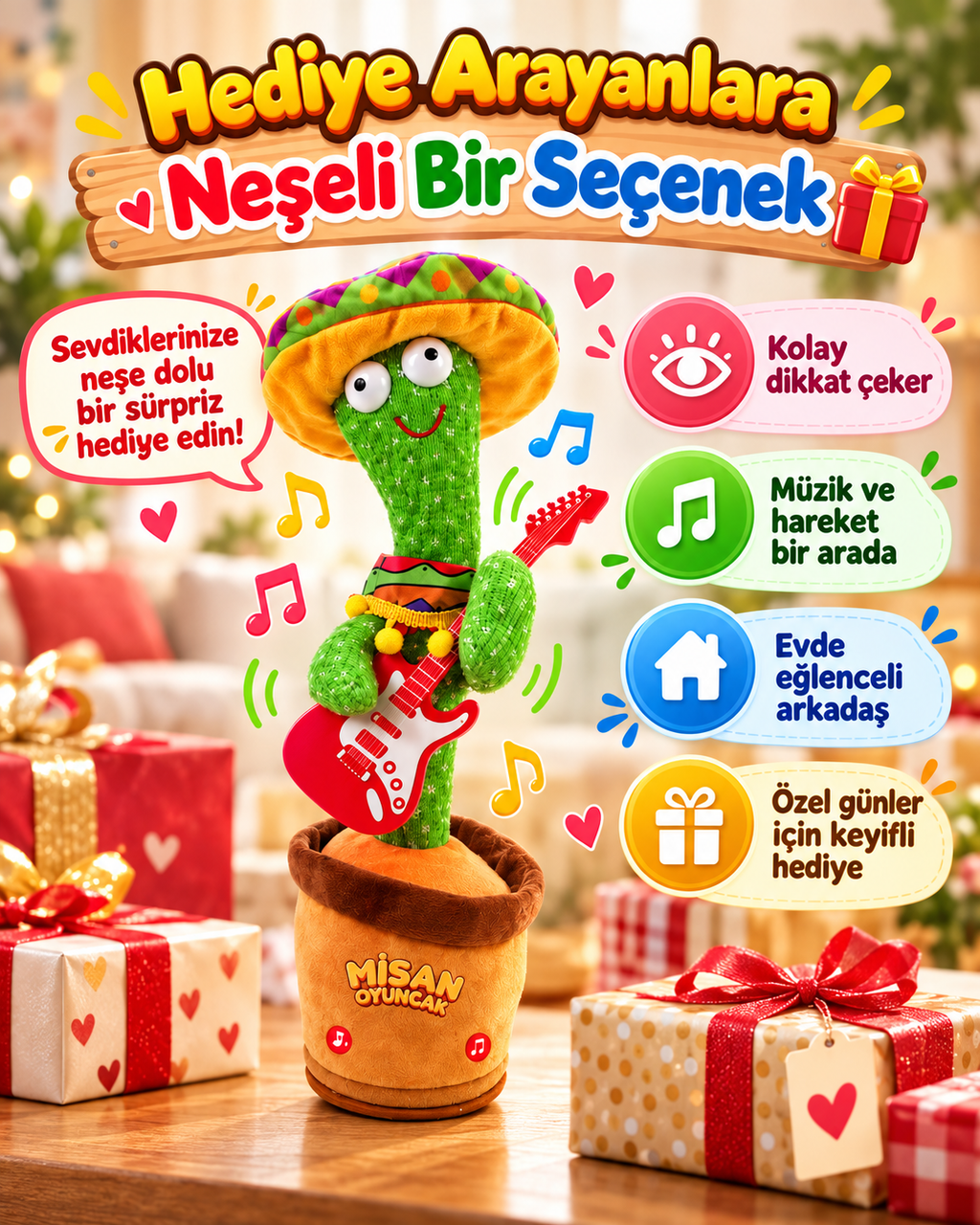 100 Şarkılı Dans Eden Kaktüs Sombrero Şapkalı Meksika Pançolu ve Gitarlı  – Model ve Dil Seçenekli (Kopya)