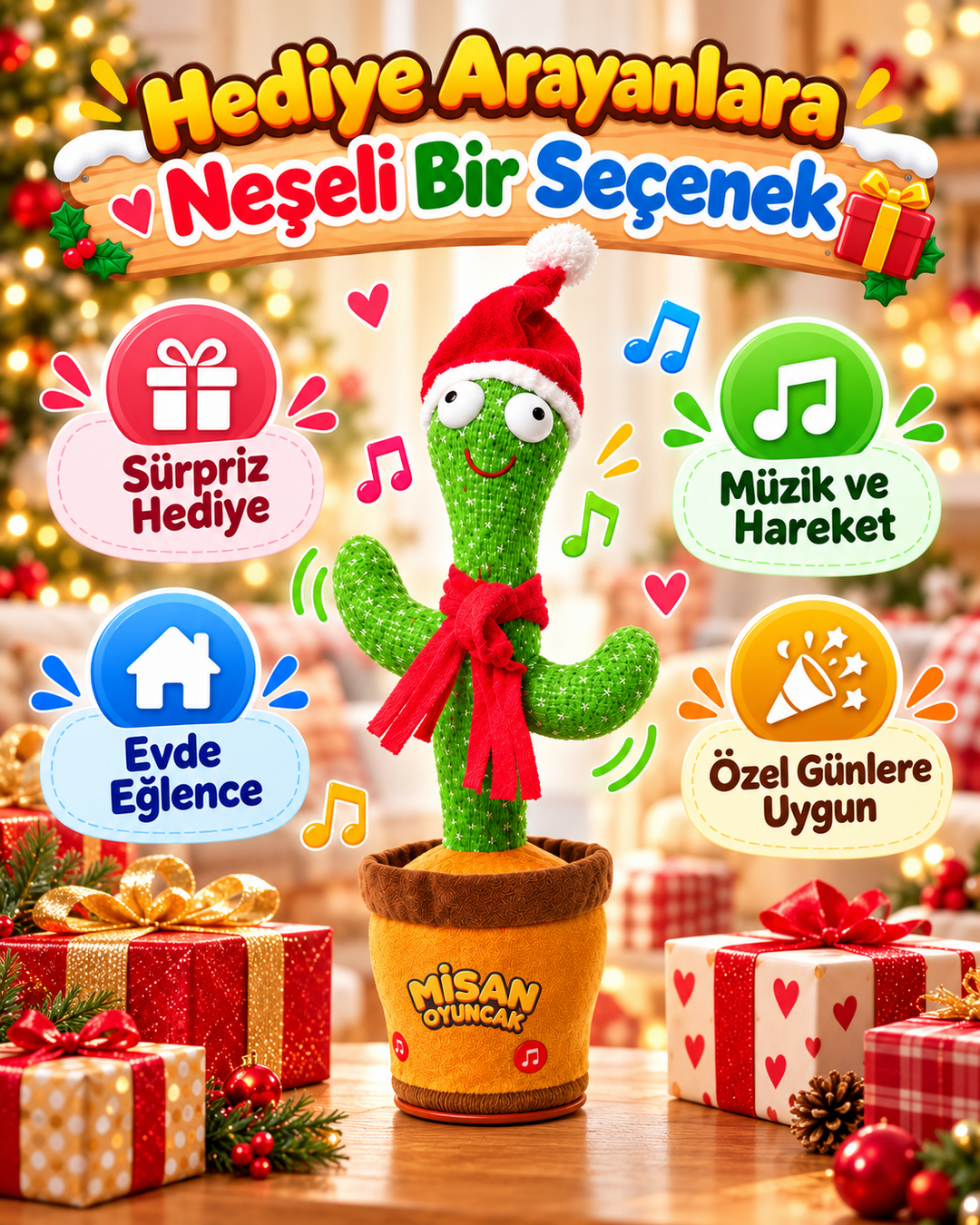 100 Şarkılı Dans Eden Kaktüs Noel Şapkalı ve Kırmızı Atkılı  – Model ve Dil Seçenekli