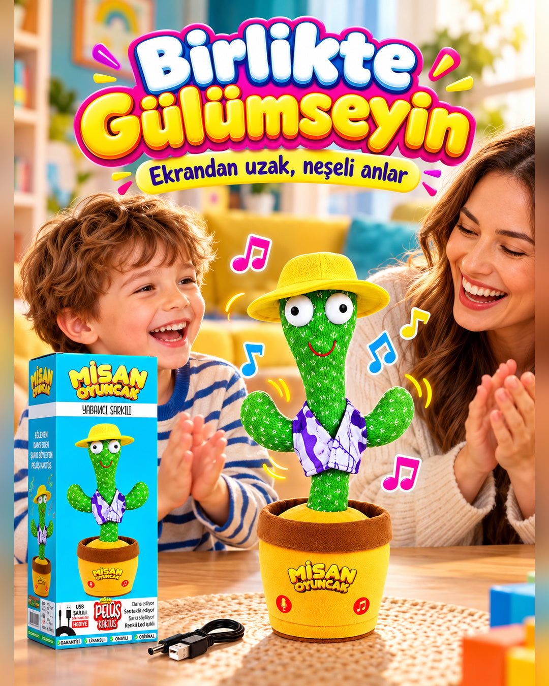 100 Yabancı Şarkılı Dans Eden Peluş Kaktüs | Ses Taklitli, Şarjlı-Sarı Şapkalı & Mor-Beyaz Yelekli