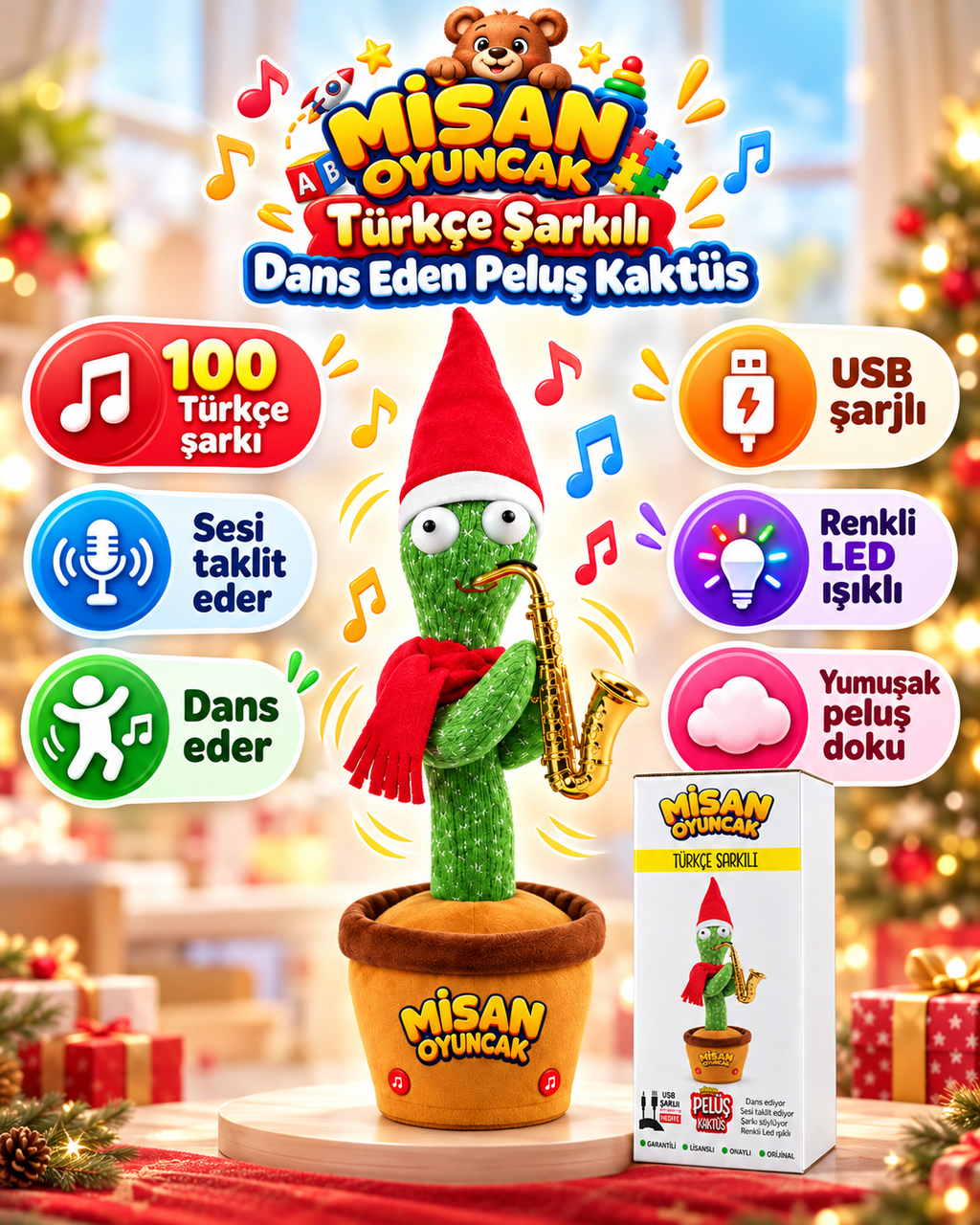 100 Şarkılı Dans Eden Kaktüs Noel Şapkalı Kırmızı Atkılı ve Saksafonlu  – Model ve Dil Seçenekli