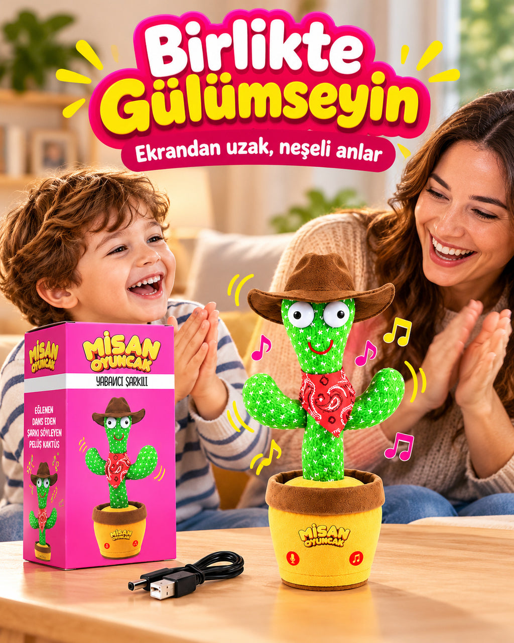 100 Yabancı Şarkılı Dans Eden Peluş Kaktüs | Ses Taklitli, Şarjlı-Kahverengi Kovboy Şapkalı & Kırmızı Bandanalı