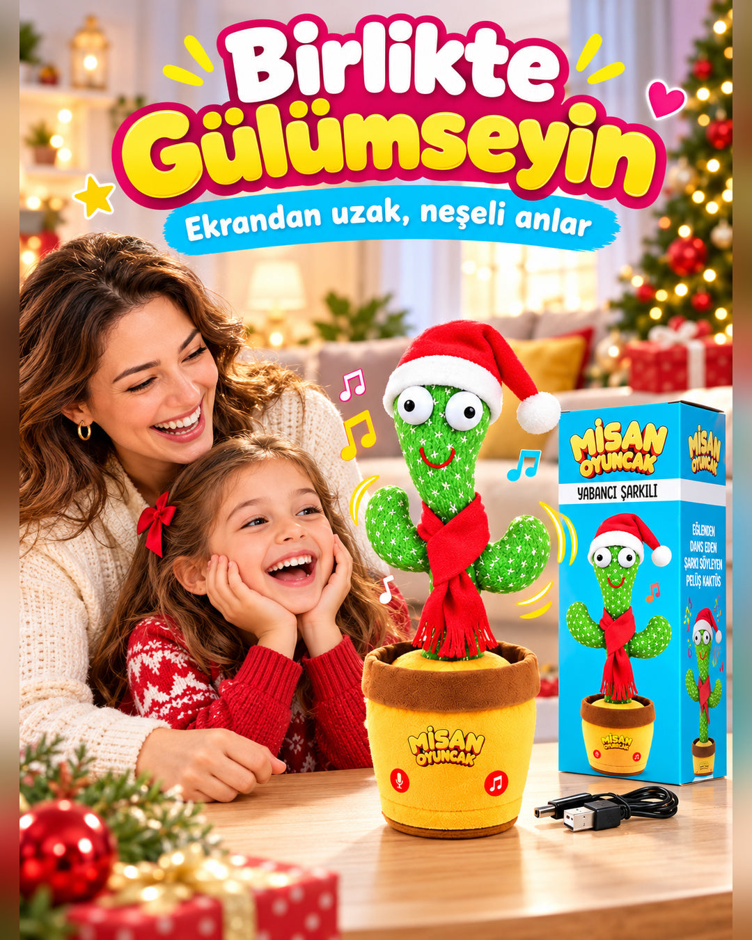 100 Yabancı Şarkılı Dans Eden Peluş Kaktüs | Ses Taklitli, Şarjlı-Noel Şapkalı & Kırmızı Atkılı